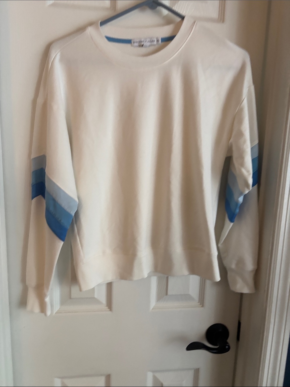 Women's Cream Pullover Sweater with Blue Stripe Detail